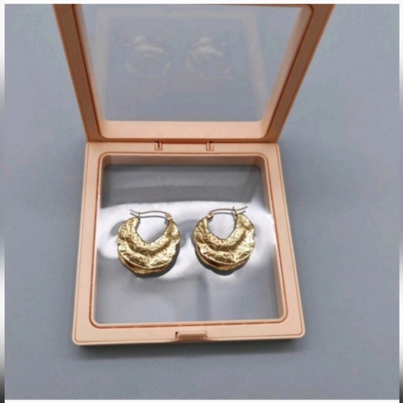 Gold Hammered Hoop Earrings - Picture 2 of 3